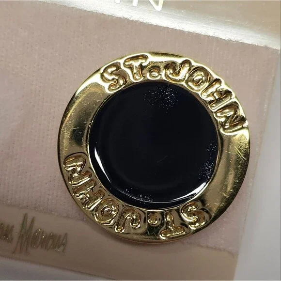 St John Gold Black Enamel Logo Circle Vintage 80s Clip On Earrings - Picture 5 of 8